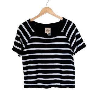 CHASER Striped Black Linen French Terry Sweatshirt Tee Raw Hem Short Sleeves XS